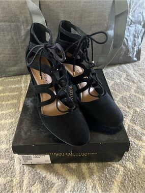 Christian Siriano Black Lace-Up Suede Heels with Strappy Cutouts